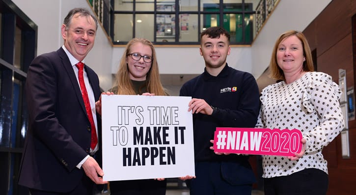 ) SERC’s William Greer, Chief Training and Contracts Officer, Hannah Dunwoody, Higher Level Apprentice, Mechatronics with Lowden Guitars, Ross Green, Level 2 Heavy Plant Apprentice with Heyn Forklift Solutions and Victoria Boyd, SERCs Training Programme Manager.